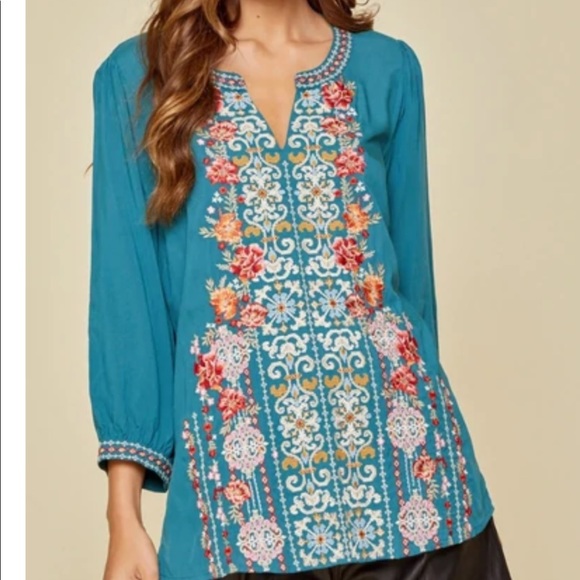 Savannah Tops - Savanna Jane Andree by Unit Embroidered Boho Festival Teal Blouse Size 2X NWT